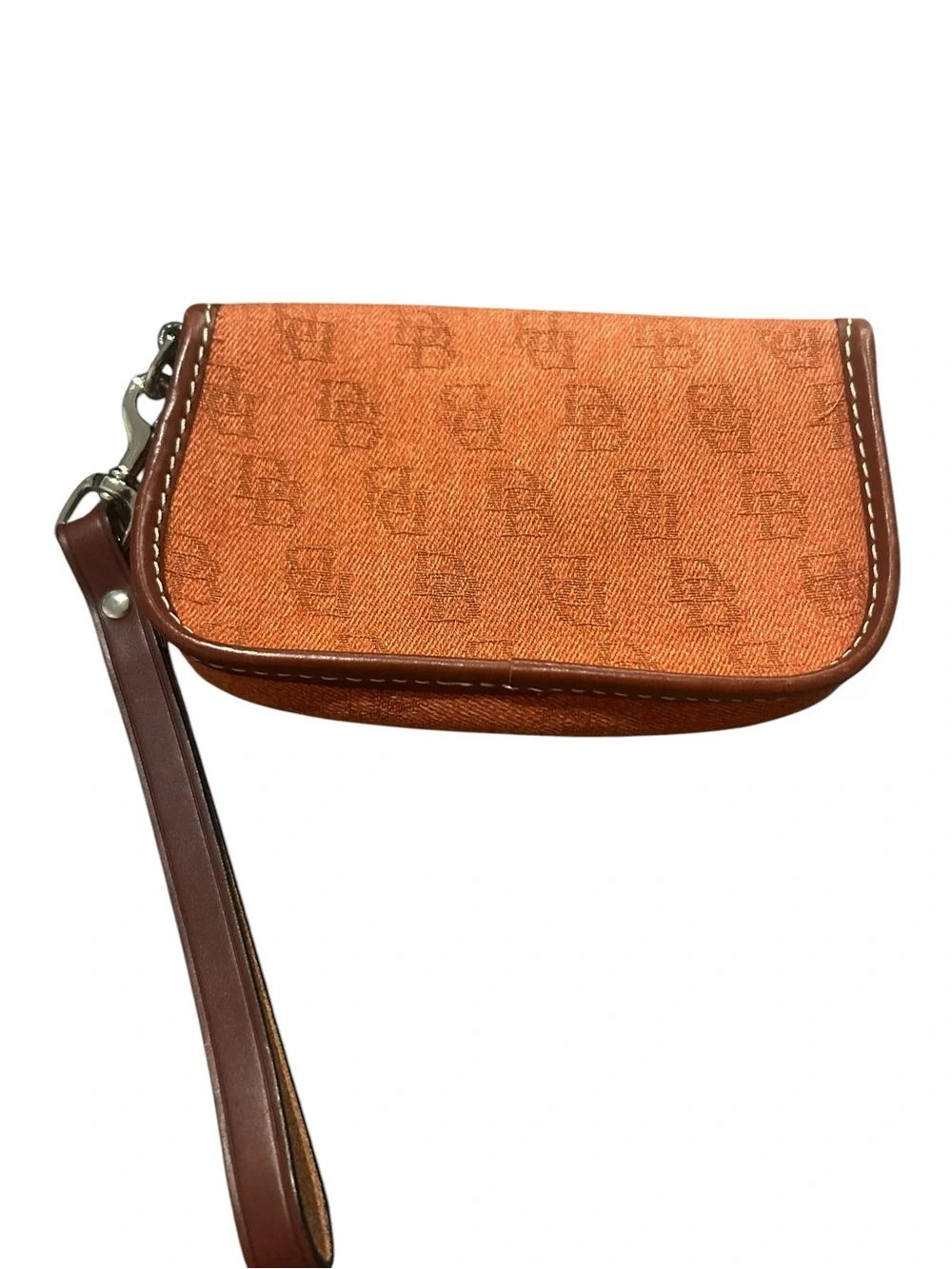 Dooney & Bourke Orange Canvas Signature Wristlet with Brown Trim